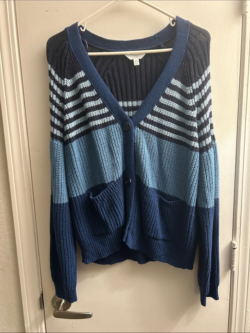 Navy and Light Blue Striped Ribbed Button-Front Cardigan